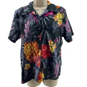 King Kameha Funky Hawaiian Shirt Front Pocket Leaves Flowers Pineapple Size M